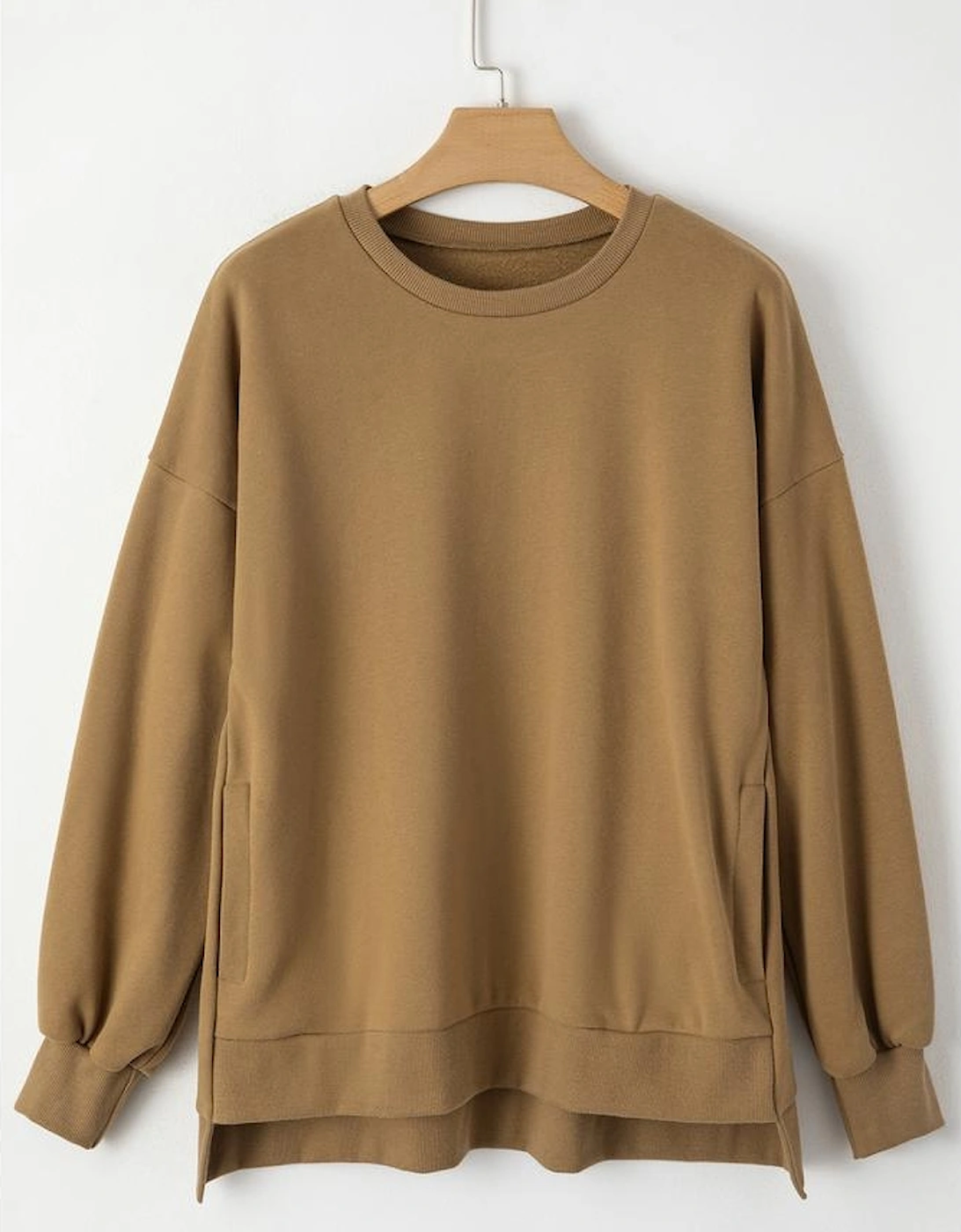 Camel Solid Fleece Lined Drop Shoulder High Low Sweatshirt