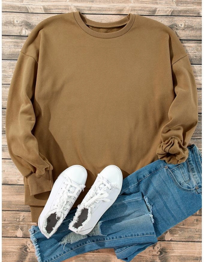 Camel Solid Fleece Lined Drop Shoulder High Low Sweatshirt
