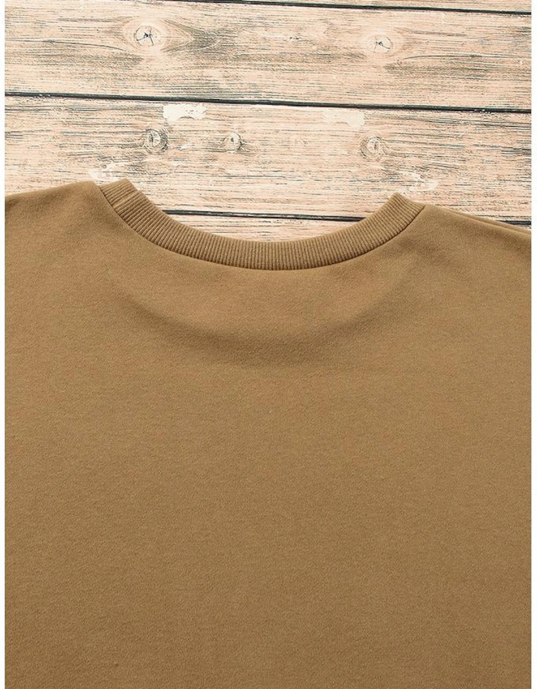 Camel Solid Fleece Lined Drop Shoulder High Low Sweatshirt