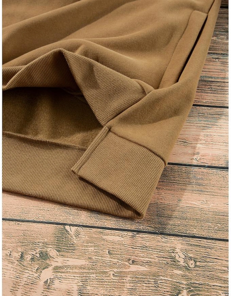 Camel Solid Fleece Lined Drop Shoulder High Low Sweatshirt