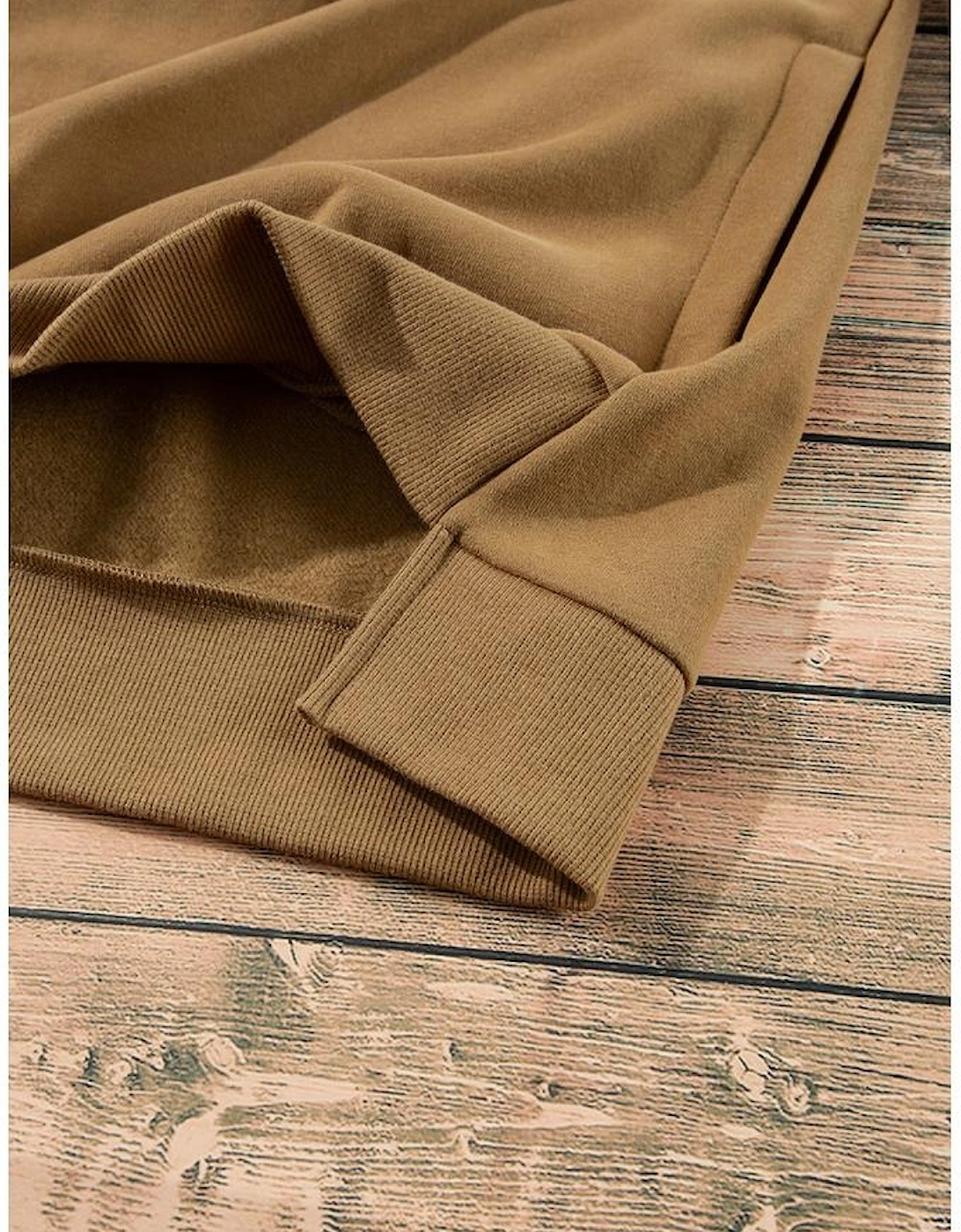 Camel Solid Fleece Lined Drop Shoulder High Low Sweatshirt