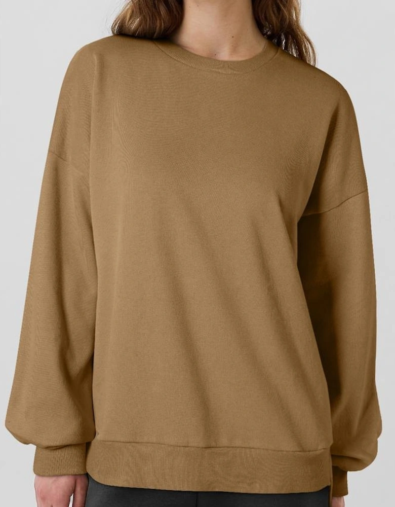 Camel Solid Fleece Lined Drop Shoulder High Low Sweatshirt