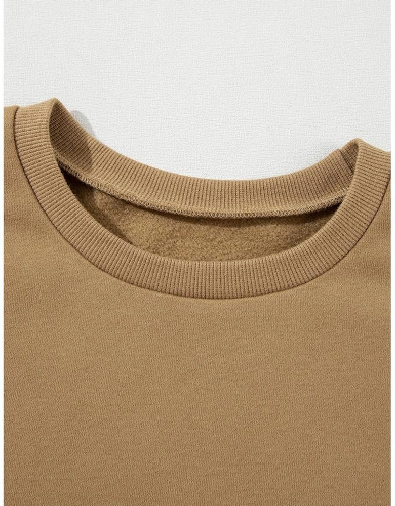 Camel Solid Fleece Lined Drop Shoulder High Low Sweatshirt