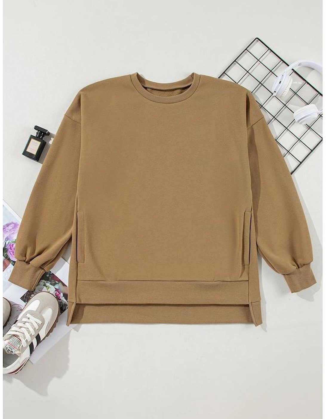 Camel Solid Fleece Lined Drop Shoulder High Low Sweatshirt