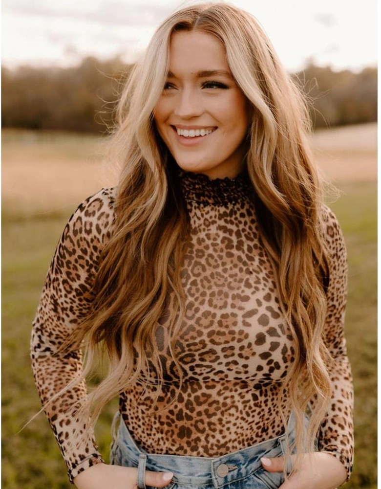 Brown Leopard Smocked Neck Mesh Long Sleeve Bodysuit