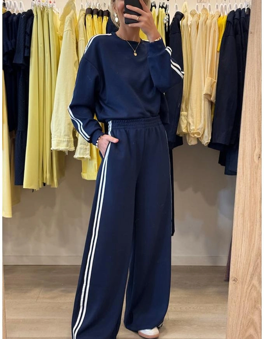 Dirty blue Varsity Striped Detail Crewneck Pullover Elastic Sweatpants 2pcs Outfit, 3 of 2