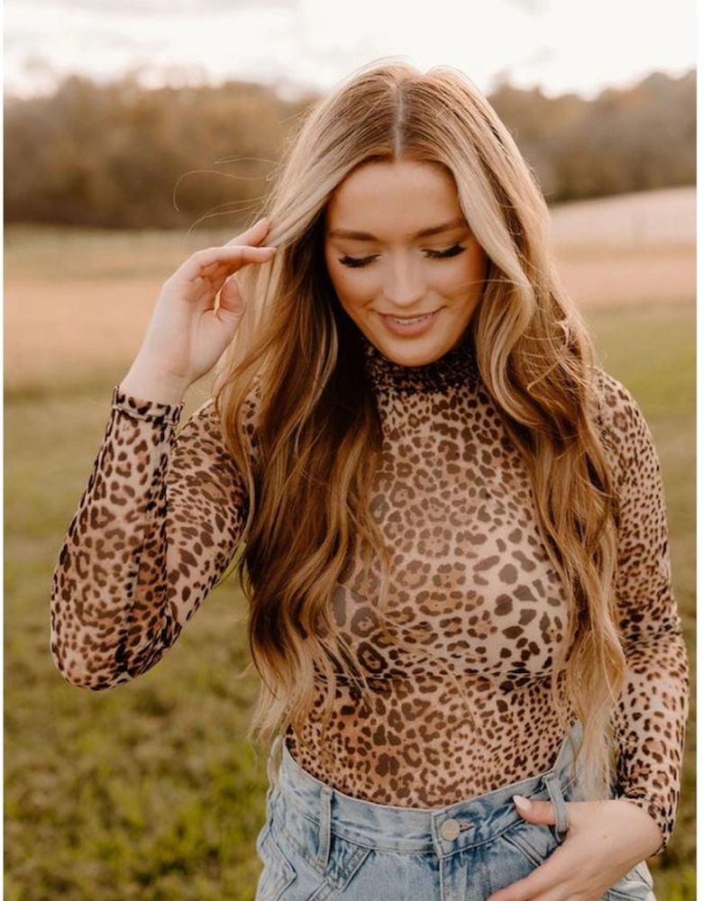 Brown Leopard Smocked Neck Mesh Long Sleeve Bodysuit