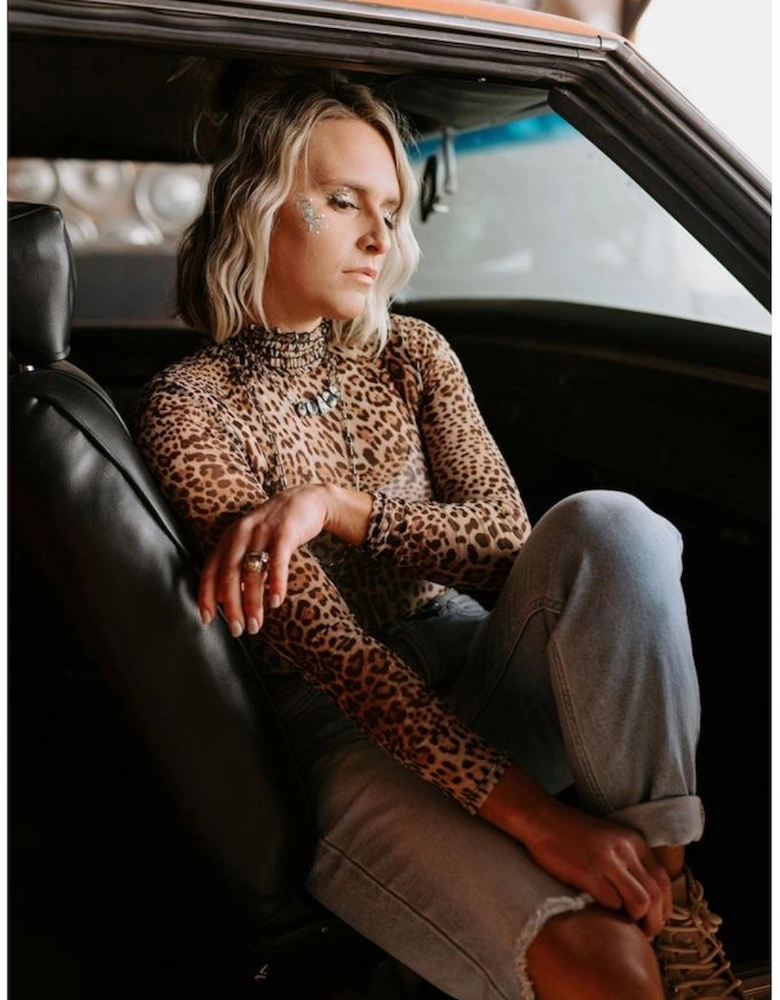 Brown Leopard Smocked Neck Mesh Long Sleeve Bodysuit