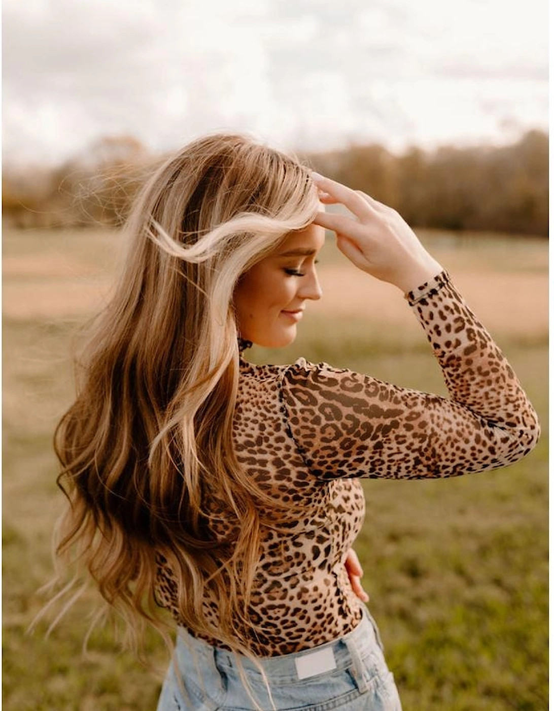 Brown Leopard Smocked Neck Mesh Long Sleeve Bodysuit