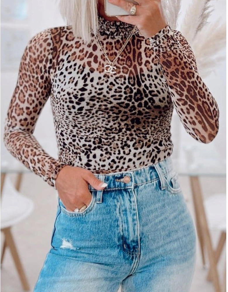 Brown Leopard Smocked Neck Mesh Long Sleeve Bodysuit