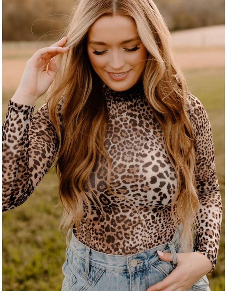 Brown Leopard Smocked Neck Mesh Long Sleeve Bodysuit
