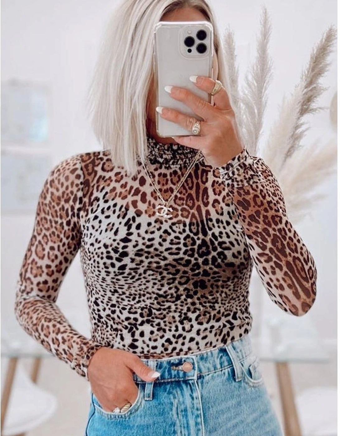 Brown Leopard Smocked Neck Mesh Long Sleeve Bodysuit