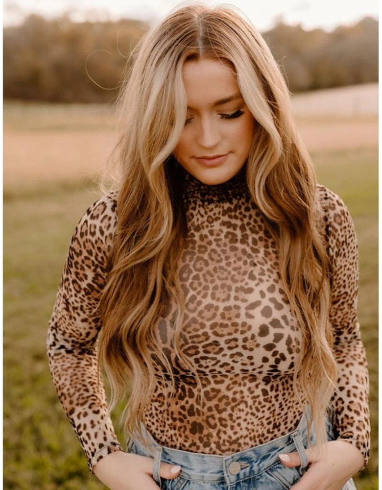 Brown Leopard Smocked Neck Mesh Long Sleeve Bodysuit