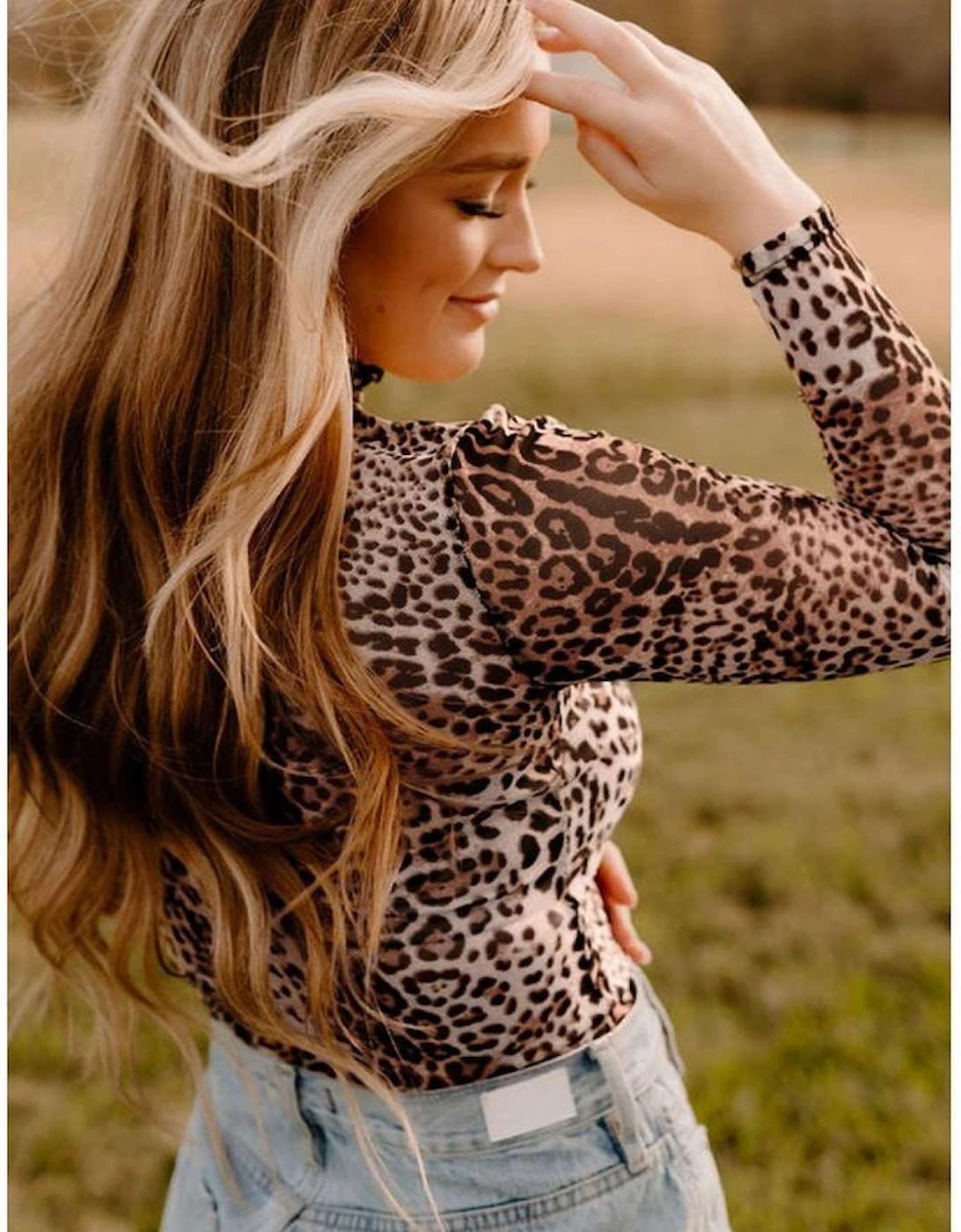 Brown Leopard Smocked Neck Mesh Long Sleeve Bodysuit
