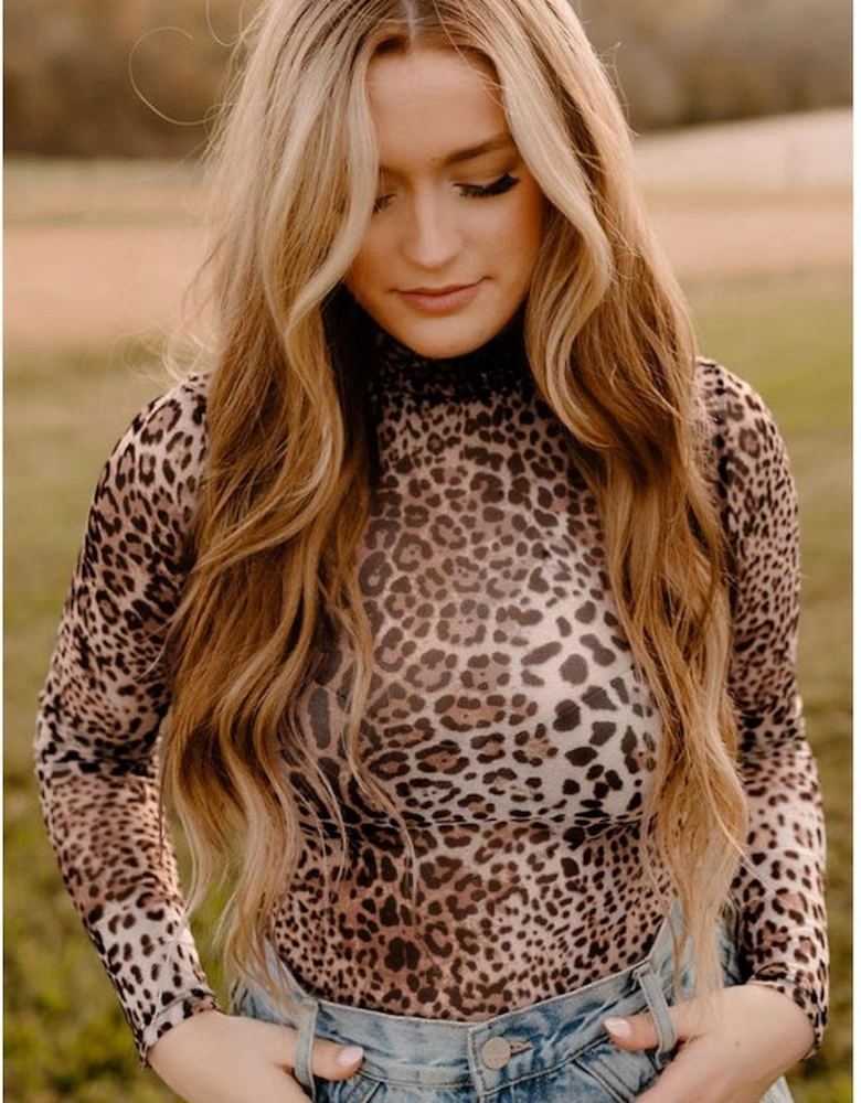 Brown Leopard Smocked Neck Mesh Long Sleeve Bodysuit