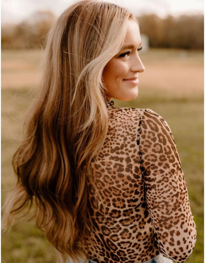 Brown Leopard Smocked Neck Mesh Long Sleeve Bodysuit