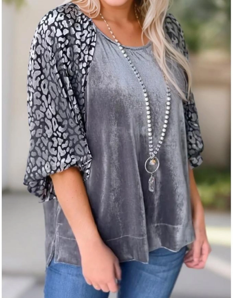 Medium Grey Leopard Splicing Lantern Sleeve Velvet Blouse
