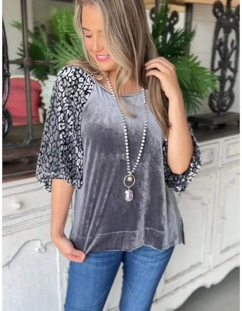 Medium Grey Leopard Splicing Lantern Sleeve Velvet Blouse