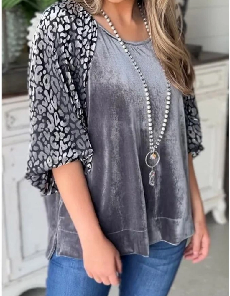Medium Grey Leopard Splicing Lantern Sleeve Velvet Blouse