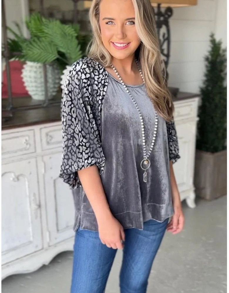 Medium Grey Leopard Splicing Lantern Sleeve Velvet Blouse