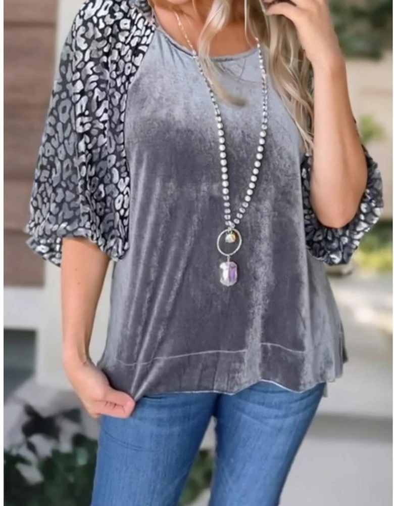 Medium Grey Leopard Splicing Lantern Sleeve Velvet Blouse
