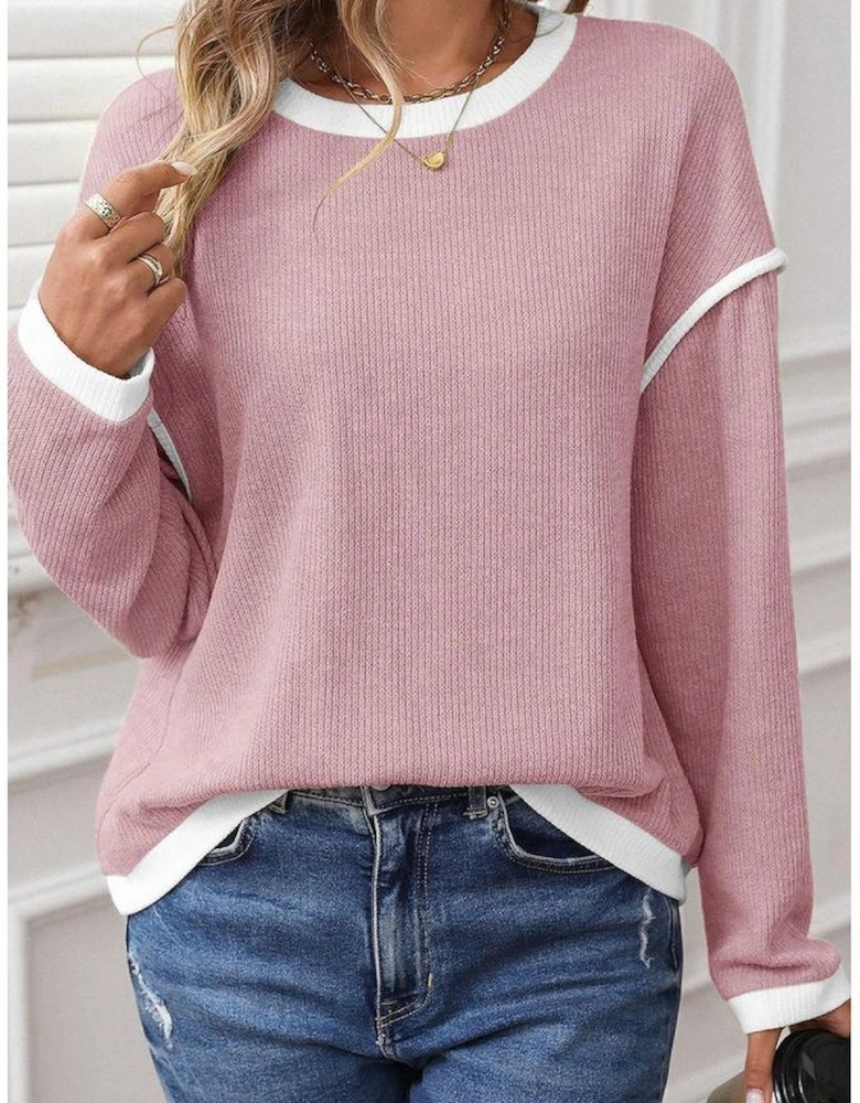Light Pink Contrast Color Trim Knit Drop Shoulder Loose Top