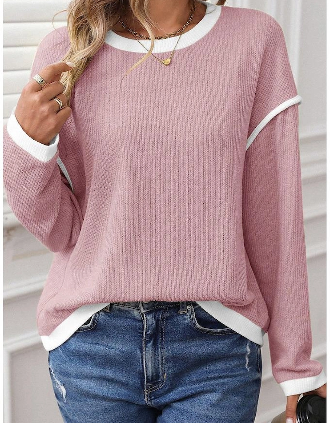 Light Pink Contrast Color Trim Knit Drop Shoulder Loose Top