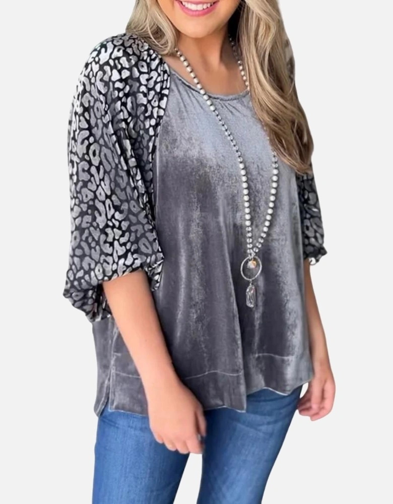 Medium Grey Leopard Splicing Lantern Sleeve Velvet Blouse