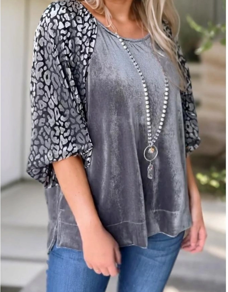 Medium Grey Leopard Splicing Lantern Sleeve Velvet Blouse