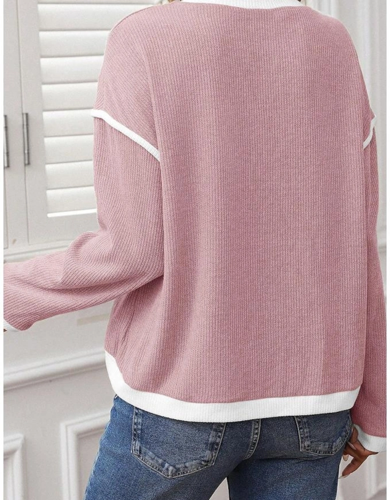 Light Pink Contrast Color Trim Knit Drop Shoulder Loose Top