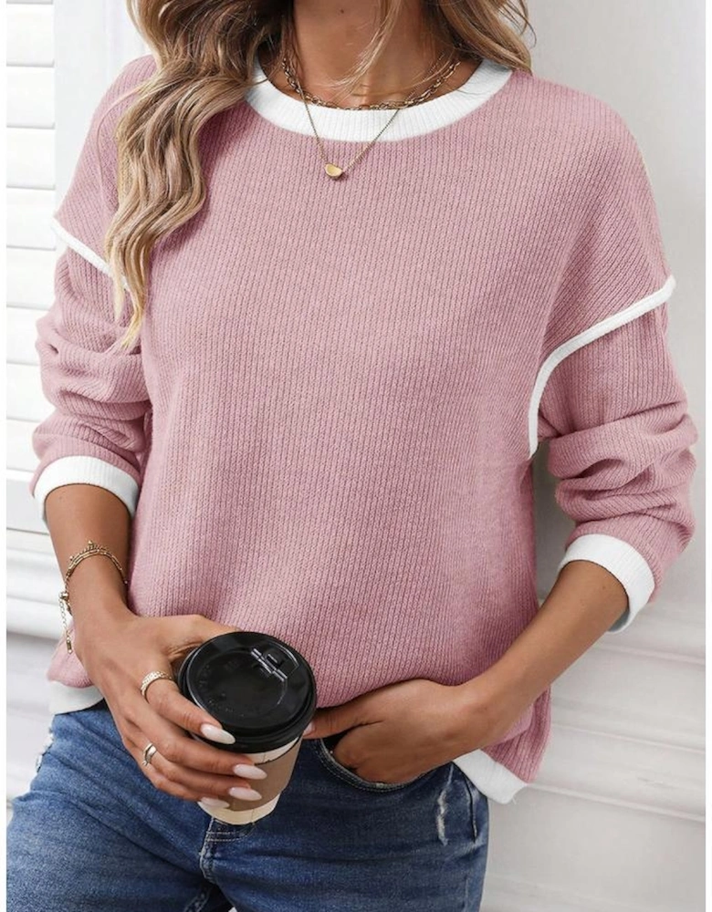 Light Pink Contrast Color Trim Knit Drop Shoulder Loose Top