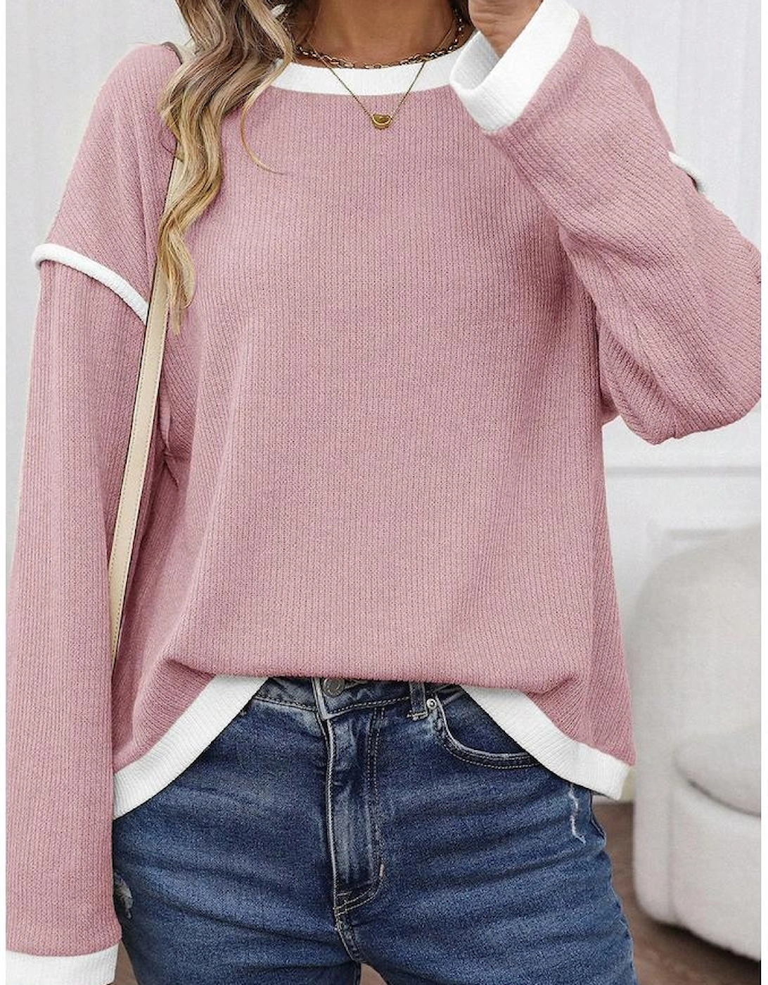 Light Pink Contrast Color Trim Knit Drop Shoulder Loose Top