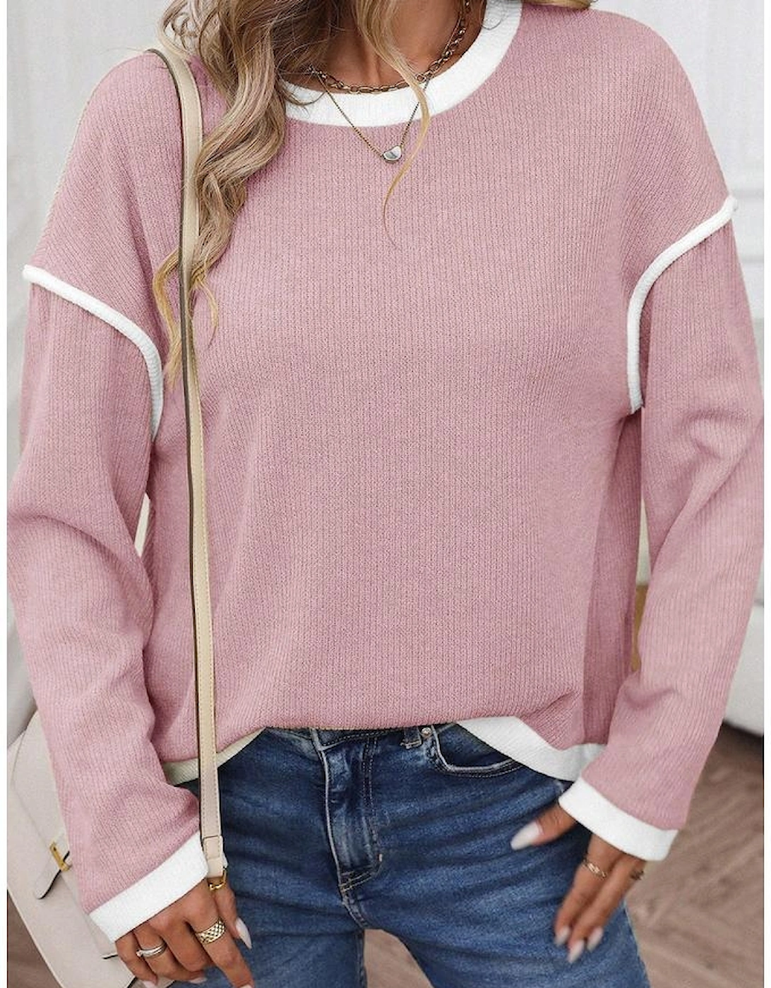 Light Pink Contrast Color Trim Knit Drop Shoulder Loose Top