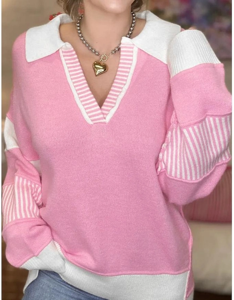 Pink Contrasting Polo Collar Color Block Knit Drop Shoulder Sweater
