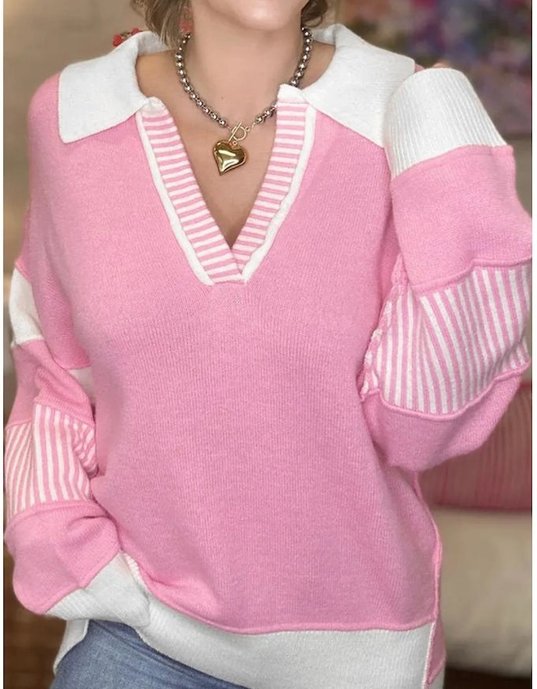 Pink Contrasting Polo Collar Color Block Knit Drop Shoulder Sweater