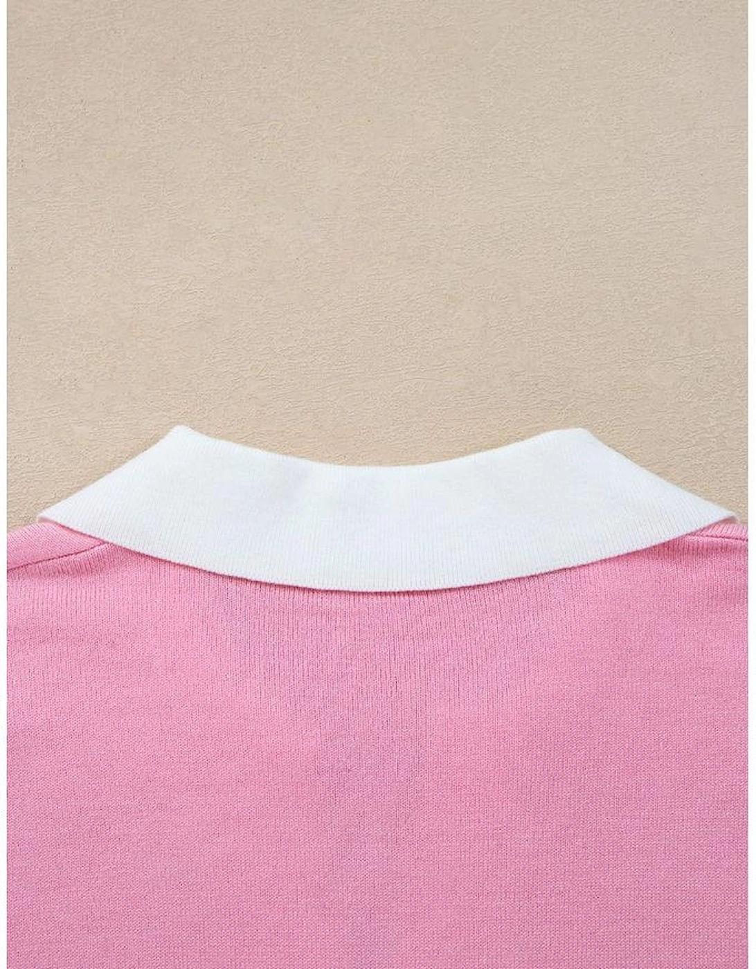 Pink Contrasting Polo Collar Color Block Knit Drop Shoulder Sweater