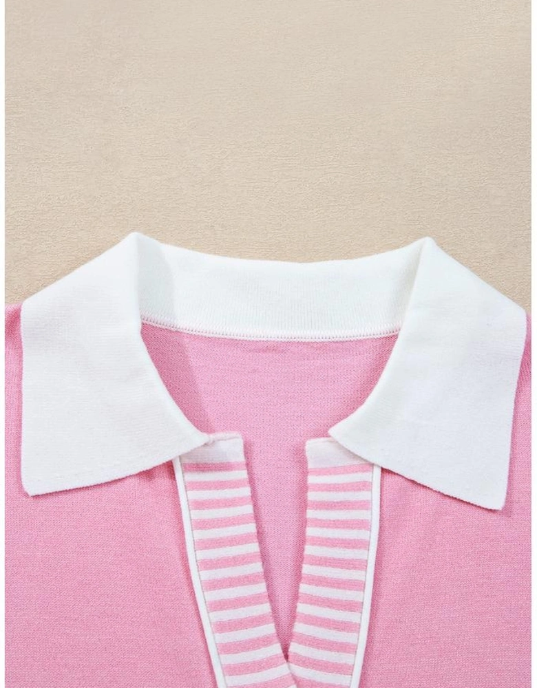 Pink Contrasting Polo Collar Color Block Knit Drop Shoulder Sweater