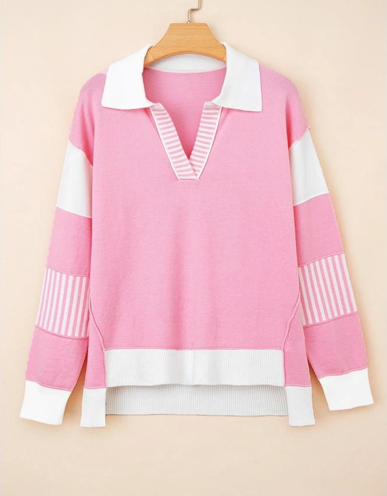 Pink Contrasting Polo Collar Color Block Knit Drop Shoulder Sweater