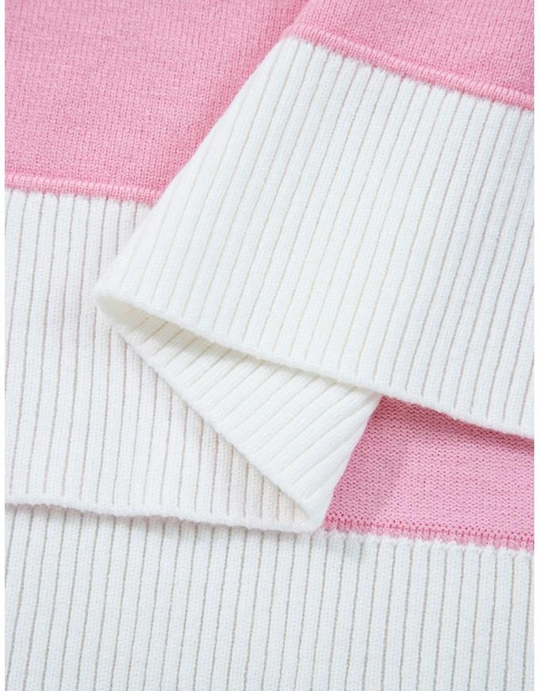 Pink Contrasting Polo Collar Color Block Knit Drop Shoulder Sweater