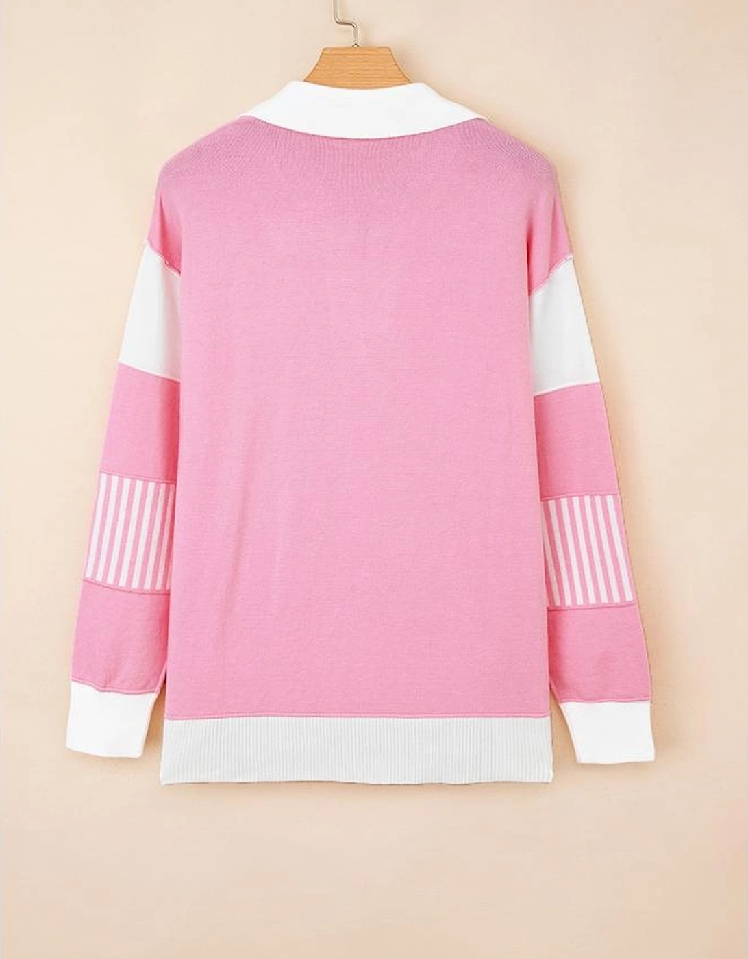 Pink Contrasting Polo Collar Color Block Knit Drop Shoulder Sweater