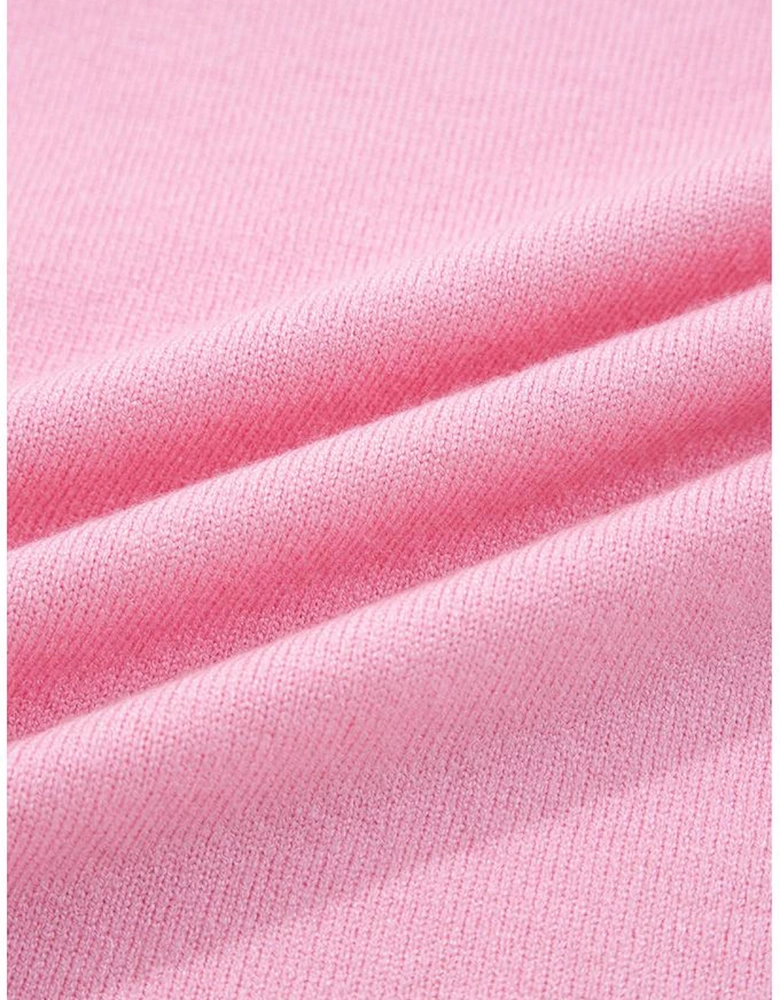 Pink Contrasting Polo Collar Color Block Knit Drop Shoulder Sweater