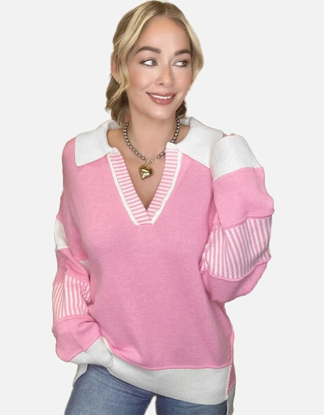 Pink Contrasting Polo Collar Color Block Knit Drop Shoulder Sweater