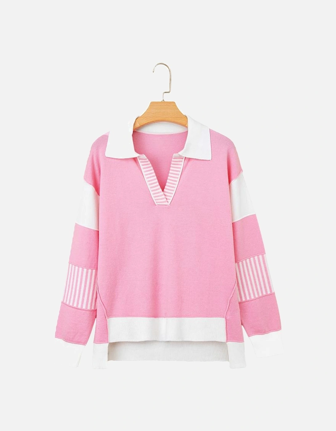 Pink Contrasting Polo Collar Color Block Knit Drop Shoulder Sweater
