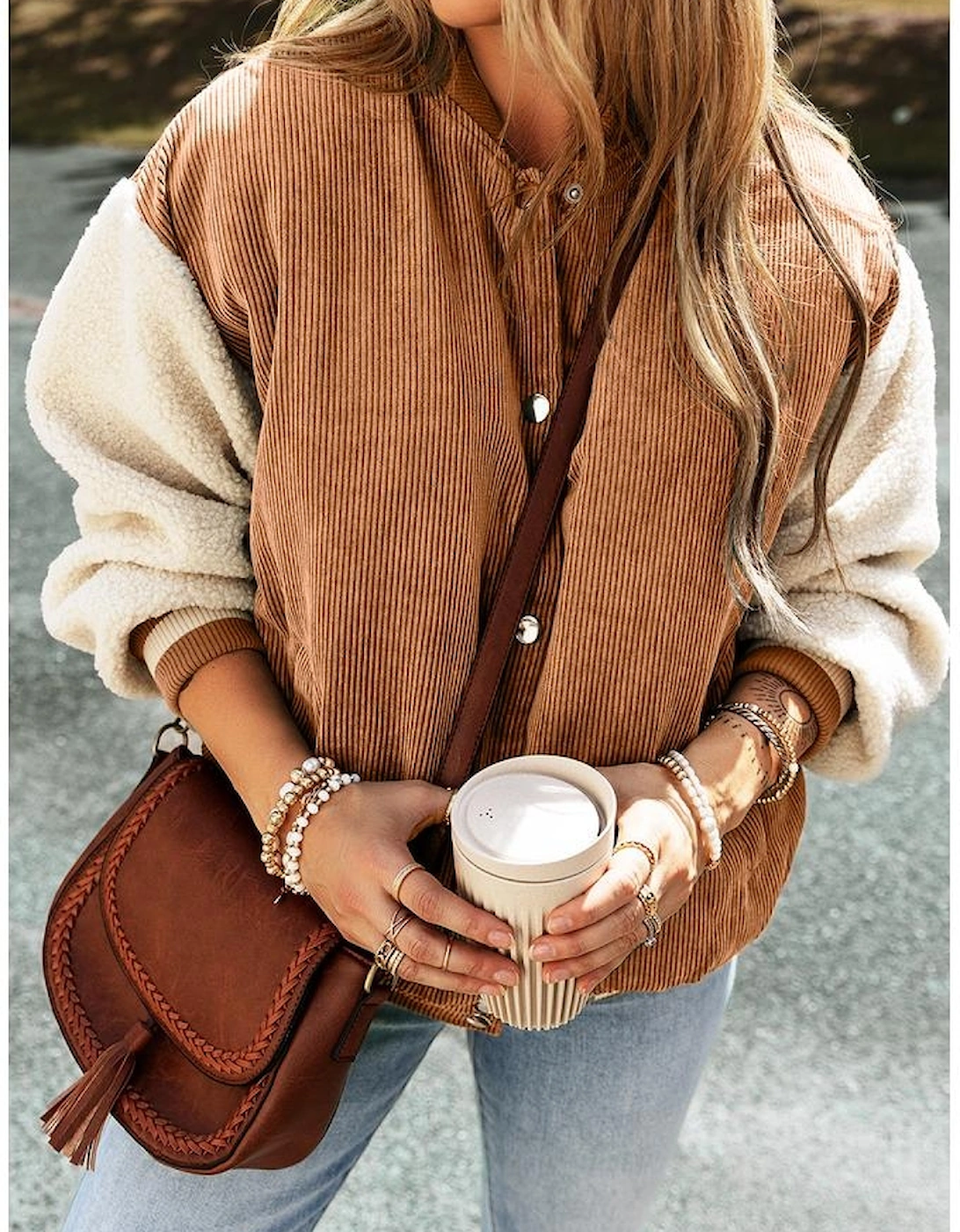 Buckskin Corduroy Fleece Patchwork Buttoned Bomber Jacket