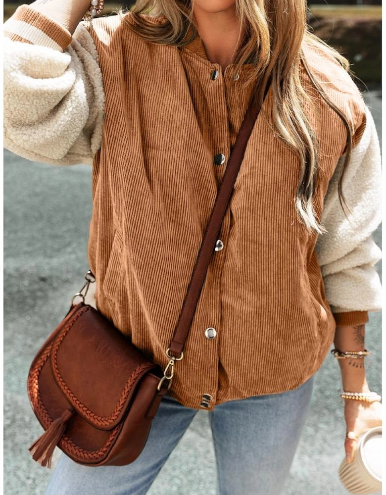 Buckskin Corduroy Fleece Patchwork Buttoned Bomber Jacket
