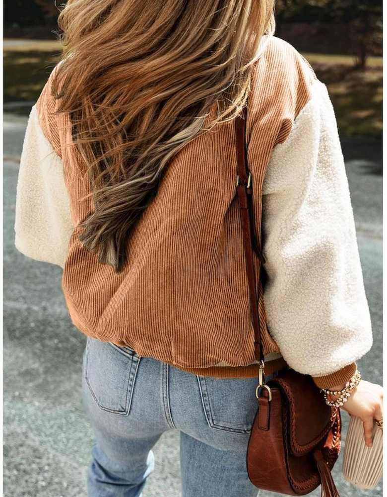 Buckskin Corduroy Fleece Patchwork Buttoned Bomber Jacket
