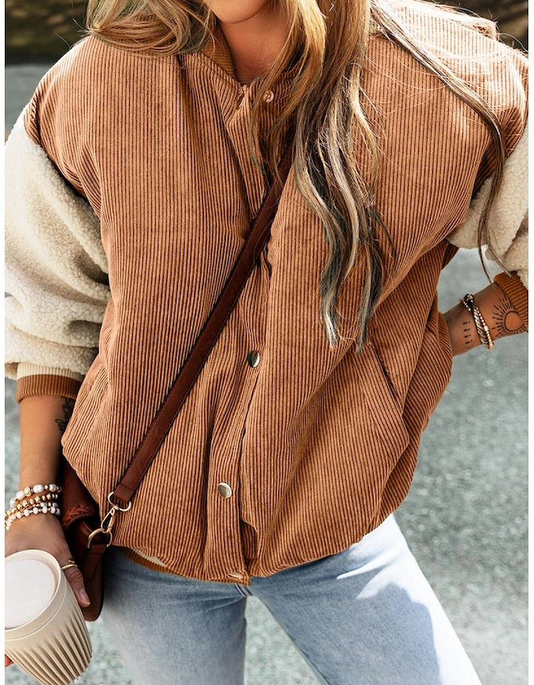 Buckskin Corduroy Fleece Patchwork Buttoned Bomber Jacket
