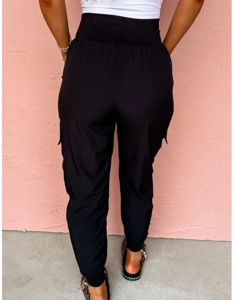 Black Elastic High Waist Pocketed Cargo Jogger Pants