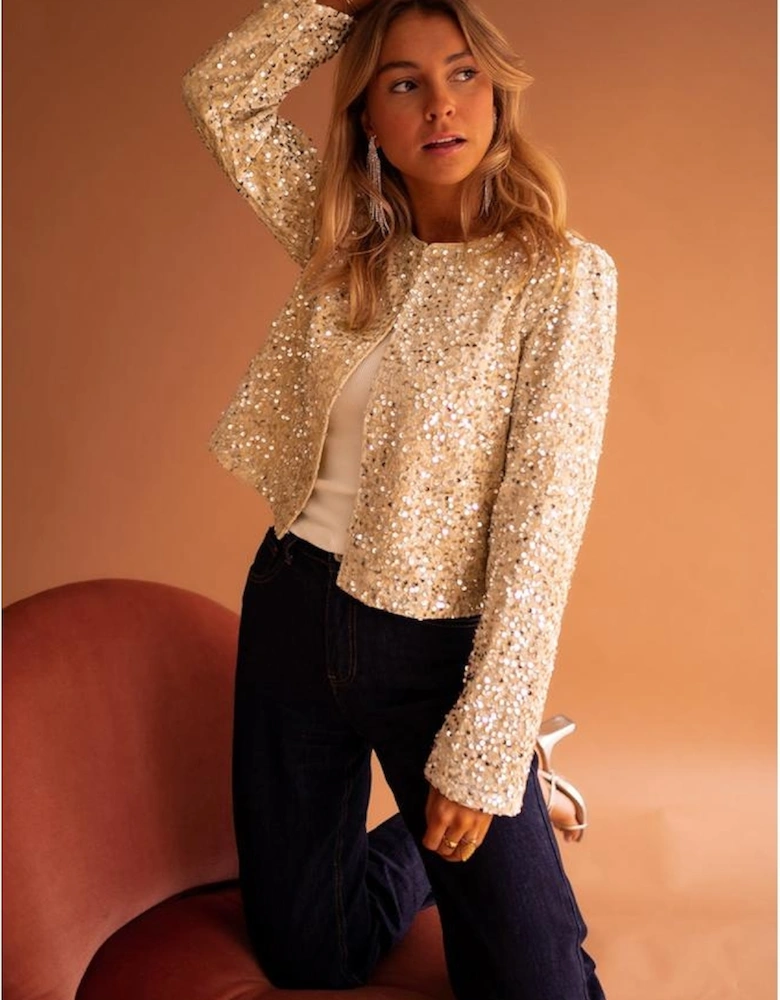 Golden Fleece Sequined Open Front Cropped Jacket