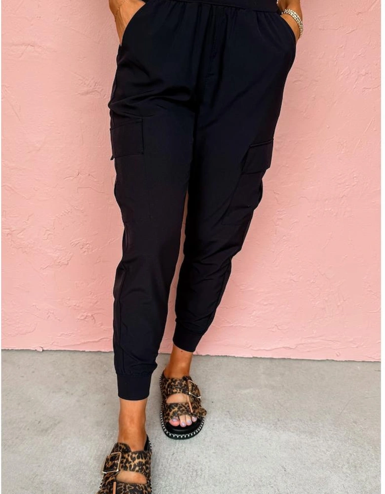 Black Elastic High Waist Pocketed Cargo Jogger Pants